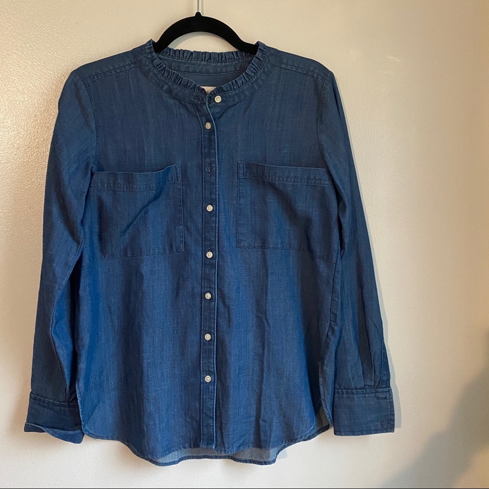 Loft Womens Denim Button Up Shirt Top Blue Ruffle Neck Long Sleeve Pockets
